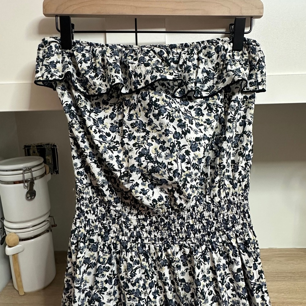 Cottagecore Strapless Maxi Dress Womens M Navy Floral Ruffle Smocked Romantic - Picture 4 of 12